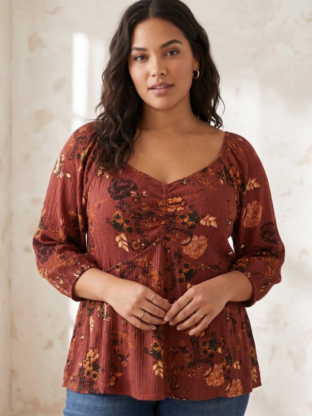 Cato Waffle Knit Top Burgundy Floral V Neck Boho Whimsigoth Cottage Sz 22 24 3X